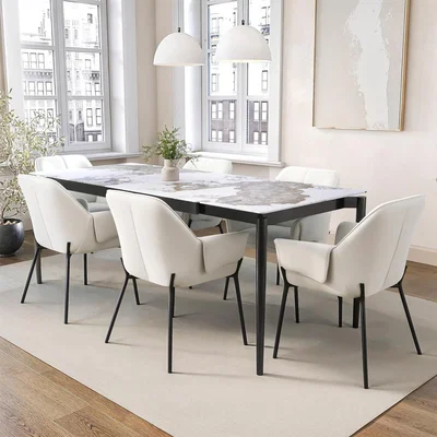 Furniture123 Ceramic Extendable Dining Table Set with 6 Cream Fabric Dining Chairs - Seats 6 - Camilla