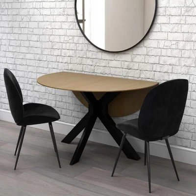 Furniture123 Industrial Oak Drop Leaf Dining Table with 2 Black Velvet Dining Chairs