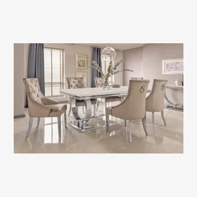 Furniture123 Cream Marble Dining Set with 200cm Table & Champagne Velvet Chairs - Seats 6 - Arianna