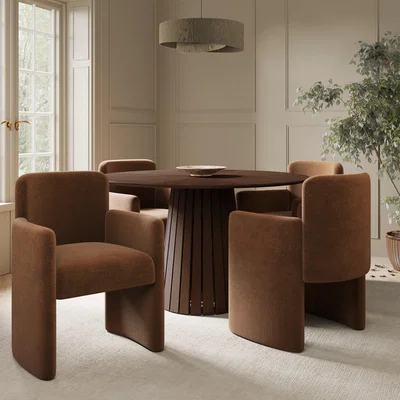 Furniture123 Round Walnut Dining Table Set with 4 Rust Fully Upholstered Chairs - Seats 4 - Owen