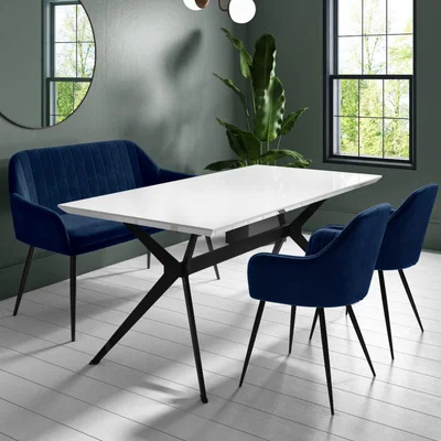 Furniture123 Rochelle White High Gloss Dining Table with 2 Navy Blue Velvet Dining Chairs and 1 Bench - Seats 4