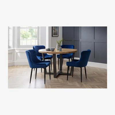 Furniture123 Brooklyn Round Dining Set with 4 Blue Velvet Luxe Chairs- Julian Bowen