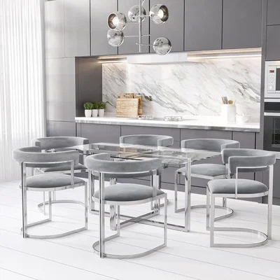 Furniture123 Rectangle Glass Dining Table and 6 Grey Velvet Cantilever Dining Chairs - Alana Boutique