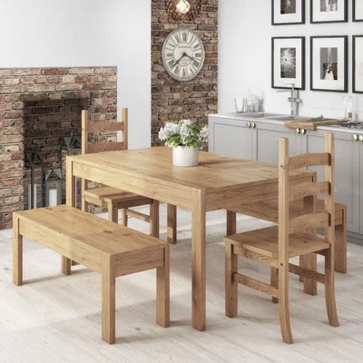 Furniture123 Solid Pine Dining Table with 2 Matching Dining Chairs and 2 Dining Benches - Seats 6 - Emerson
