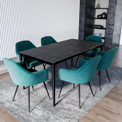 Furniture123 Black Marble Extendable Dining Table with 6 Teal Velvet Dining Chairs - Camilla
