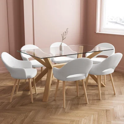 Furniture123 Rectangle Glass with Solid Oak Legs Dining Table & 6 Cream Recycled Dining Chairs - Nori