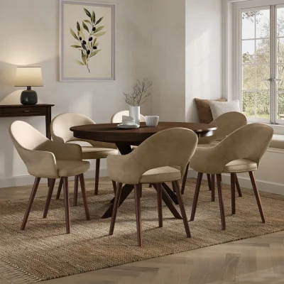 Furniture123 Large Round to Oval Walnut Extendable Dining Table Set with 6 Beige Faux Leather Chairs - Seats 6 - Karie