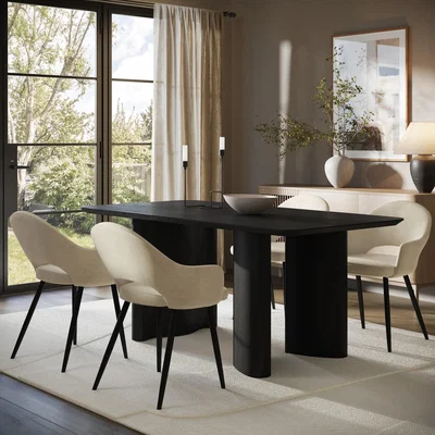 Furniture123 Rectangular Black Wooden Dining Table Set with 4 Beige Upholstered Chairs - Seats 4 - Troy