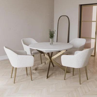 Furniture123 White Marble Effect Extendable Dining Table Set with 4 Cream Boucle Chairs - Seats 4 - Reine