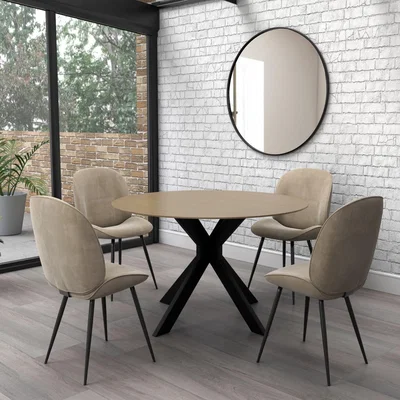 Furniture123 Round Light Oak Drop Leaf Dining Table with 4 Mink Velvet Dining Chairs - Carson
