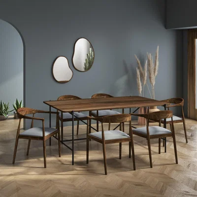 Furniture123 Walnut Dining Table with 6 Curved Walnut Dining Chairs - Cooper