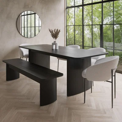 Furniture123 Black Oak Extendable Dining Table Set with 4 Cream Boucle Chairs & 1 Bench - Seats 6 - Jarel