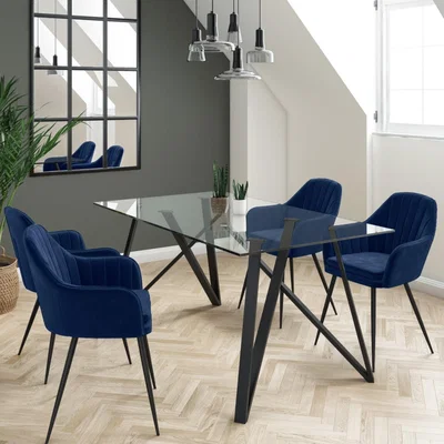 Furniture123 Glass Top Dining Table with 4 Navy Velvet Dining Chairs - Dax