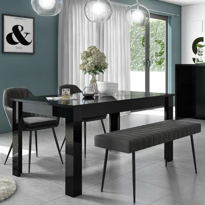 Furniture123 Vivienne Black Gloss Dining Table with 2 Grey Faux Leather Dining Chairs and 1 Dining Bench
