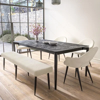 Furniture123 Extendable Black Marble Dining Table with 4 Beige Fabric Dining Chairs and Matching Bench - Camilla