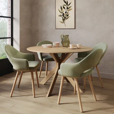 Furniture123 Round Oak Drop Leaf Dining Table Set with 4 Sage Green Velvet Chairs - Seats 4 - Carson