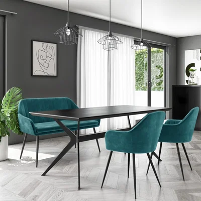 Furniture123 Black Dining Table with 2 Teal Velvet Dining Chairs and Matching High Back Bench - Rochelle