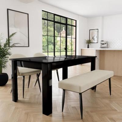 Furniture123 Extendable Black Gloss Dining Table with 2 Beige Fabric Dining Chairs & 1 Dining Bench - Seats 4 - Vivienne