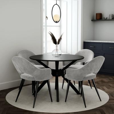 Furniture123 4 Seater Dining Set with Round Black Table and Grey Fabric Dining Chairs - Karie