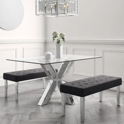 Furniture123 Glass Rectangle Dining Table with 2 Charcoal Velvet Dining Benches - Jade Boutique