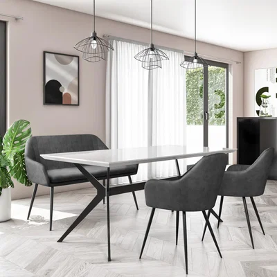 Furniture123 Taupe Gloss Dining Table with 2 Grey Faux Leather Dining Chairs and Matching Bench - Rochelle