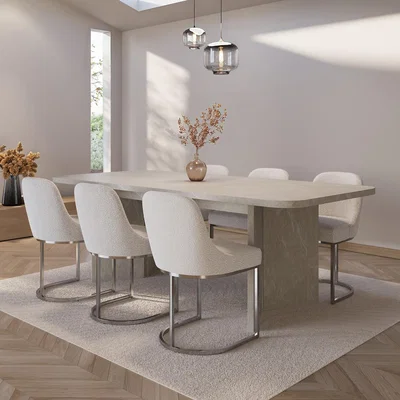 Furniture123 Beige Marble Effect Pillar Extendable Dining Table Set with 6 Boucle Dining Chairs - Geneva