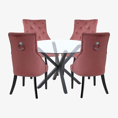 Homebase Ludlow Round Dining Table and 4 Annabelle Chairs - Black & Rose Pink