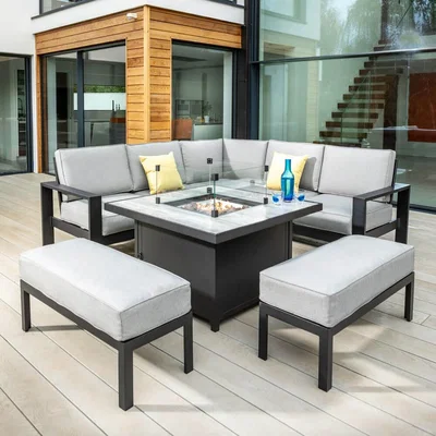 IO Living 2021 Hartman Apollo Square Gas Fire Pit Casual Dining Set with Tuscan Table - Carbon/Pewter