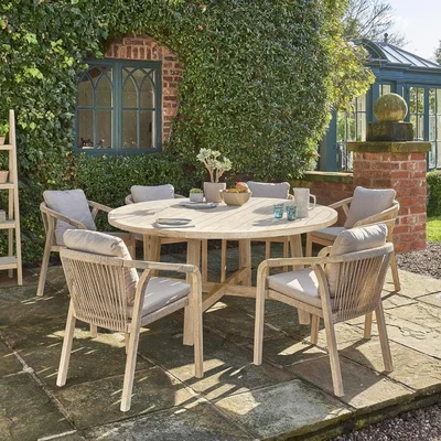 IO Living Kettler Cora Round 6 Seat Dining Table Set with Cora Rope Arm Chairs  - Acacia