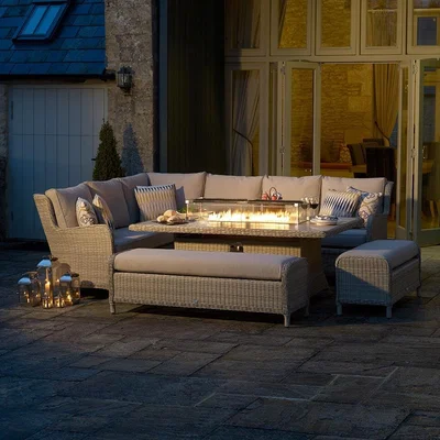 IO Living Bramblecrest Chedworth Garden Sofa Set with Rectangle Fire Pit Dining Table & 2 Benches – Sandstone
