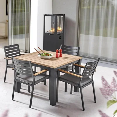 IO Living Kettler Elba Square 4 Seat Dining Set With Elba Dining Chairs – Pewter Grey/Teak