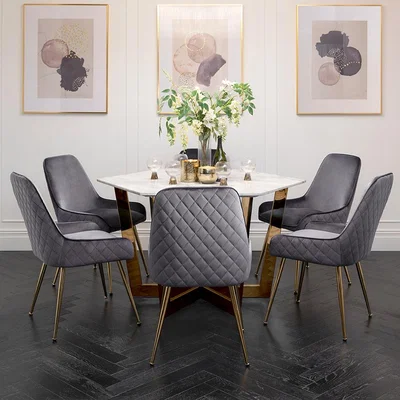 My Furniture Kronos Brass Dining Table and Six Watson Storm Grey chairs