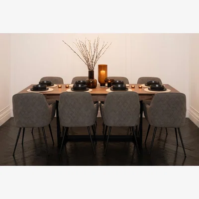 My Furniture Set of Finley Walnut Dining Table and Eight Watson Grey Faux Leather Carver Chairs