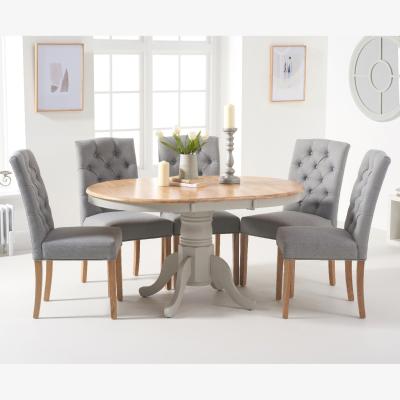Oak&More Epsom Oak and Grey Painted Pedestal Extending Dining Table With 6 Grey Isabella Grey Fabric Dining Chairs