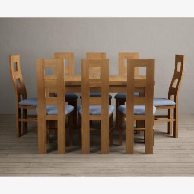 Oak&More Extending Hampshire 140cm Solid Oak Dining Table With 8 Blue Flow Back Chairs
