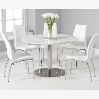 Oak&More Bali 120cm Round White Marble Effect Dining Table With 4 Ivory White Cavello Dining Chairs