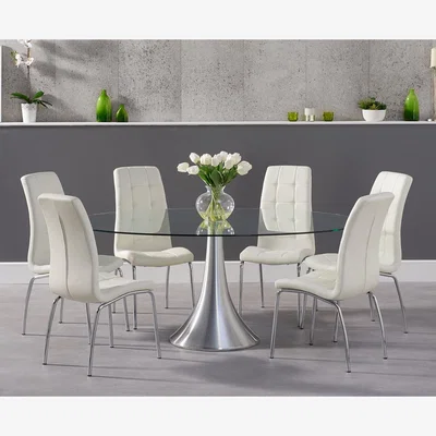 Oak&More Paloma 180cm Oval Glass Dining Table With 8 Cream Calgary Chairs