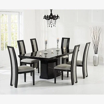 Oak&More Carvelle 160cm Black Pedestal Marble Table With 4 Black Novara Chairs