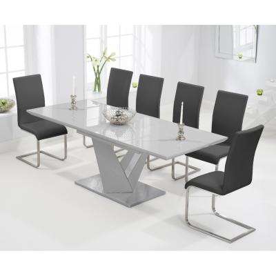 Oak&More Harmony 160cm Extending Light Grey High Gloss Dining Table with Malaga Chairs - Ivory, 6 Chairs