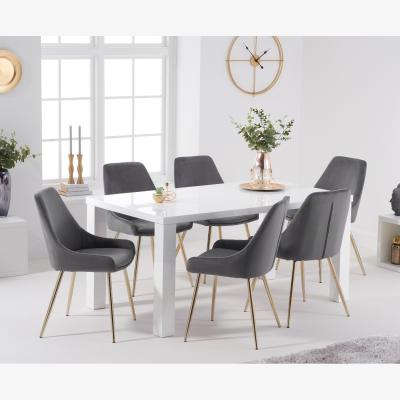 Oak&More Atlanta 160cm White High Gloss Table With 8 Blue Lola Velvet Chairs