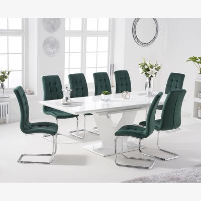 Oak&More Halo 160cm White High Gloss Extending Dining Table With 8 Grey Lorin Velvet Chairs
