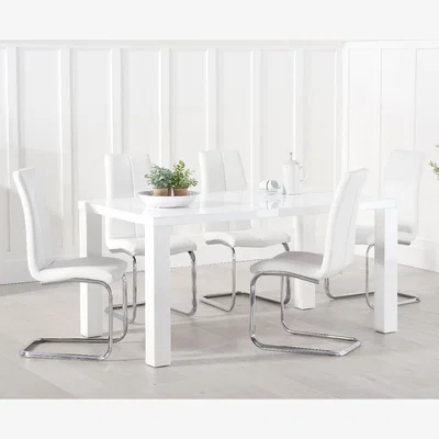 Oak&More Atlanta 160cm White High Gloss Dining Table With 6 Grey Tarin Chairs