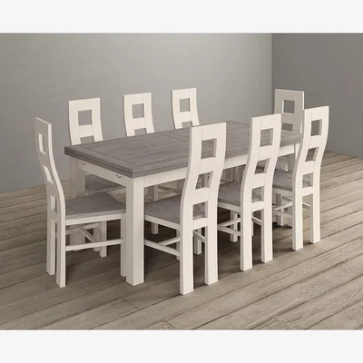 Oak&More Extending Dartmouth 180cm Oak and Soft White Painted Dining Table With 8 Flow Back Chairs