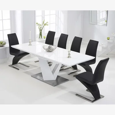 Oak&More Harmony 160cm White High Gloss Extending Dining Table With 6 Ivory White Hampstead Z Chairs