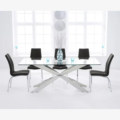 Oak&More Canova 200cm Glass Dining Table with 8 Black Marco Chairs