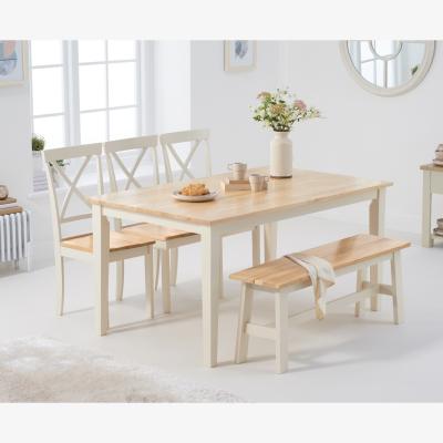 Oak&More Chiltern 150cm Oak and Cream Painted Table With 2 Cream Epsom Chairs and 1 Oak and Cream Chiltern Benches