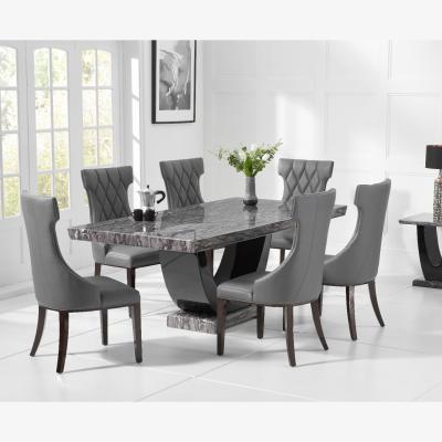Oak&More Novara 200cm Dark Grey Pedestal Marble Dining Table with 12 Cream Sophia Chairs