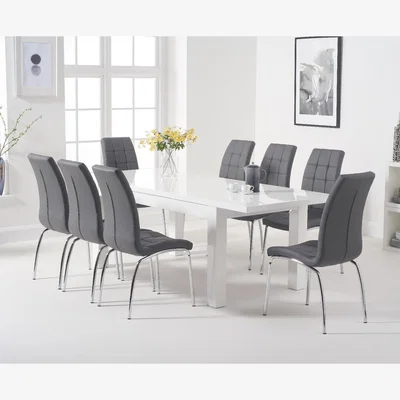 Oak&More Atlanta White Gloss 160-220cm Extending Dining Table With 10 Ivory White Calgary Chairs