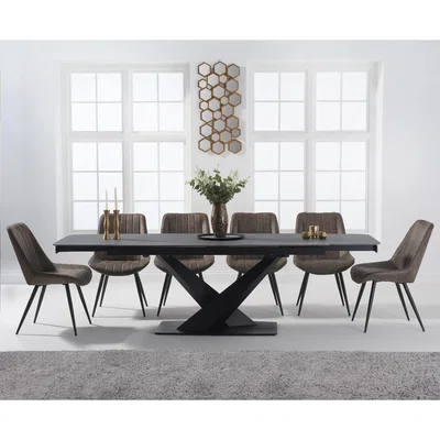 Oak&More Jacob 180cm Grey Extending Stone Dining Table with Marcel Antique Chairs - Mink, 6 Chairs