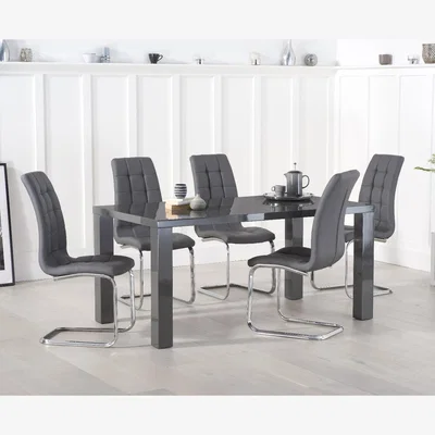 Oak&More Atlanta 160cm Dark Grey High Gloss Dining Table With 6 White Lorin Chairs